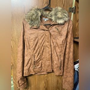 XL furry hood faux leather brown jacket